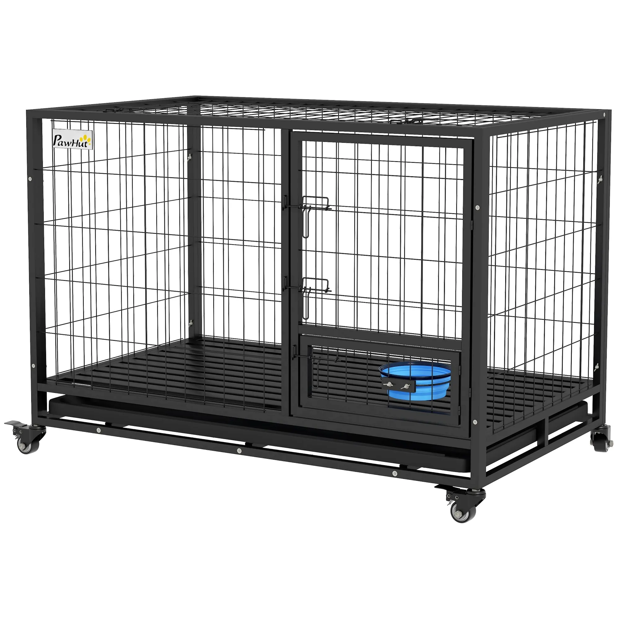 48" Heavy Duty Dog Crate on WheelsWith Bowl Holder Removable Tray Detachable Top Double Doors for L XL Dogs