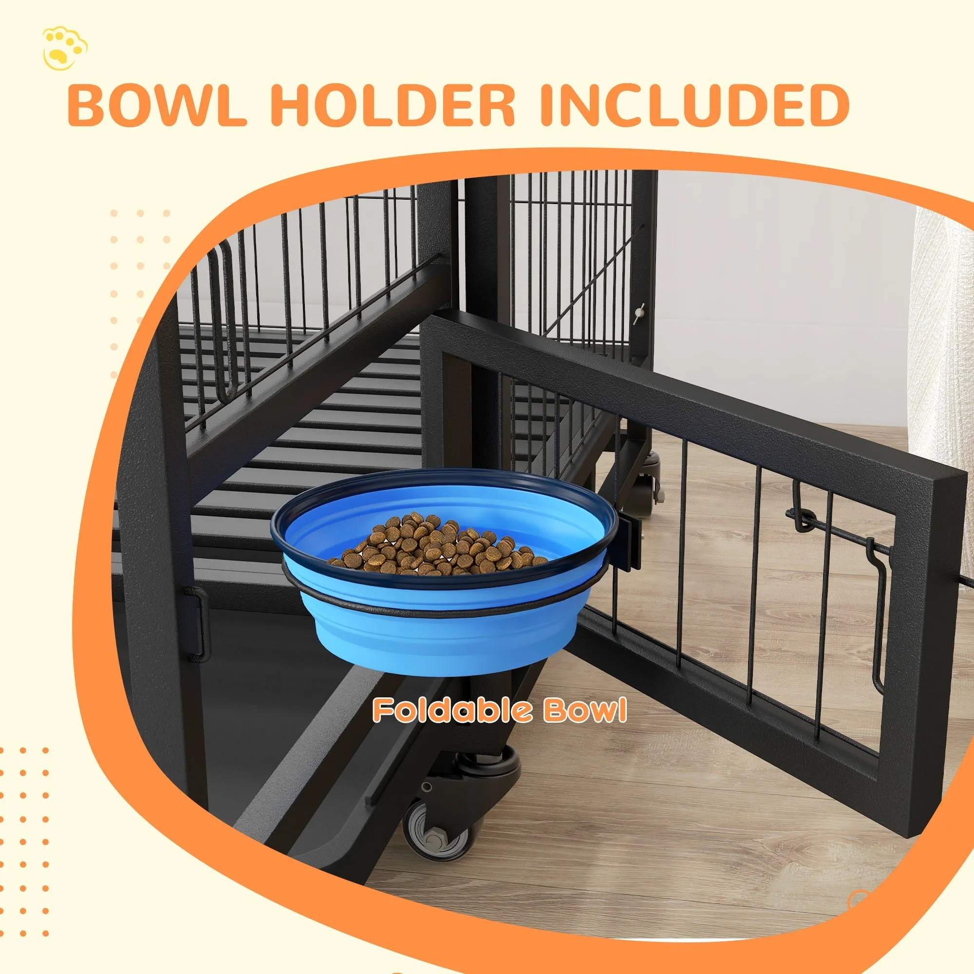 48" Heavy Duty Dog Crate on WheelsWith Bowl Holder Removable Tray Detachable Top Double Doors for L XL Dogs