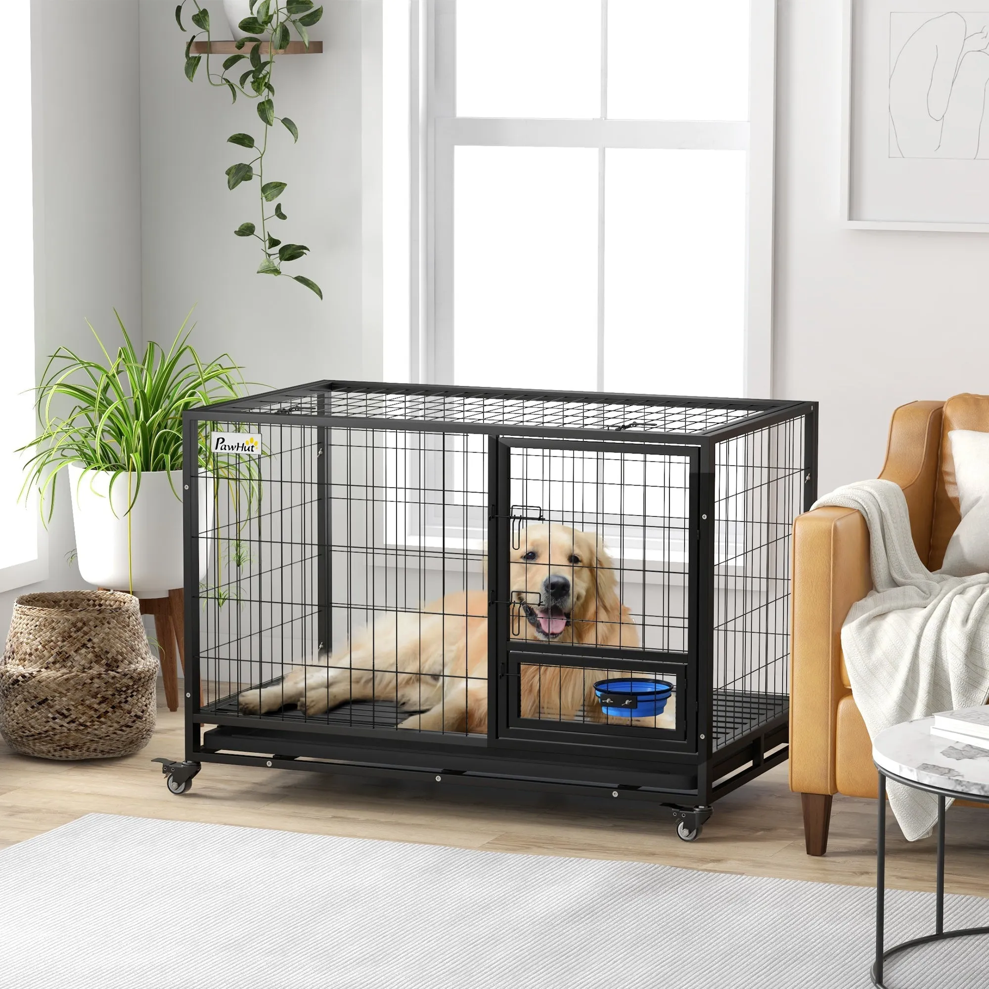 48" Heavy Duty Dog Crate on WheelsWith Bowl Holder Removable Tray Detachable Top Double Doors for L XL Dogs