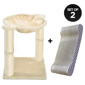 Skatrs Paw Lounge Cat Scratcher with Premium Catnip and Claw Tower Cat Tree with Hammock and Dual Scratching Post Toy Combo